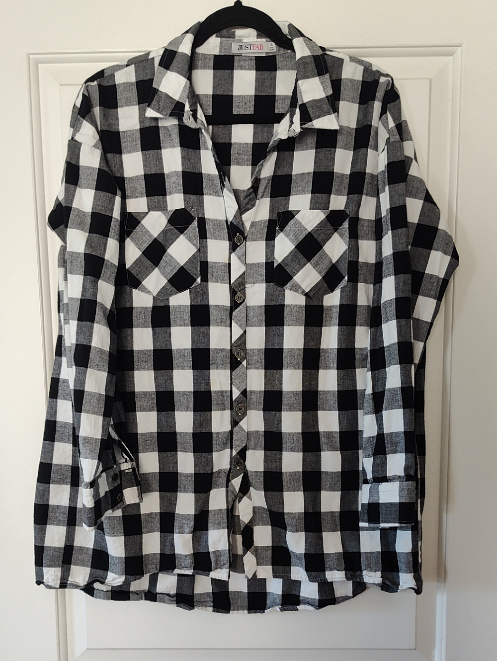 JustFab Black and White Buffalo Plaid Button Down Tunic